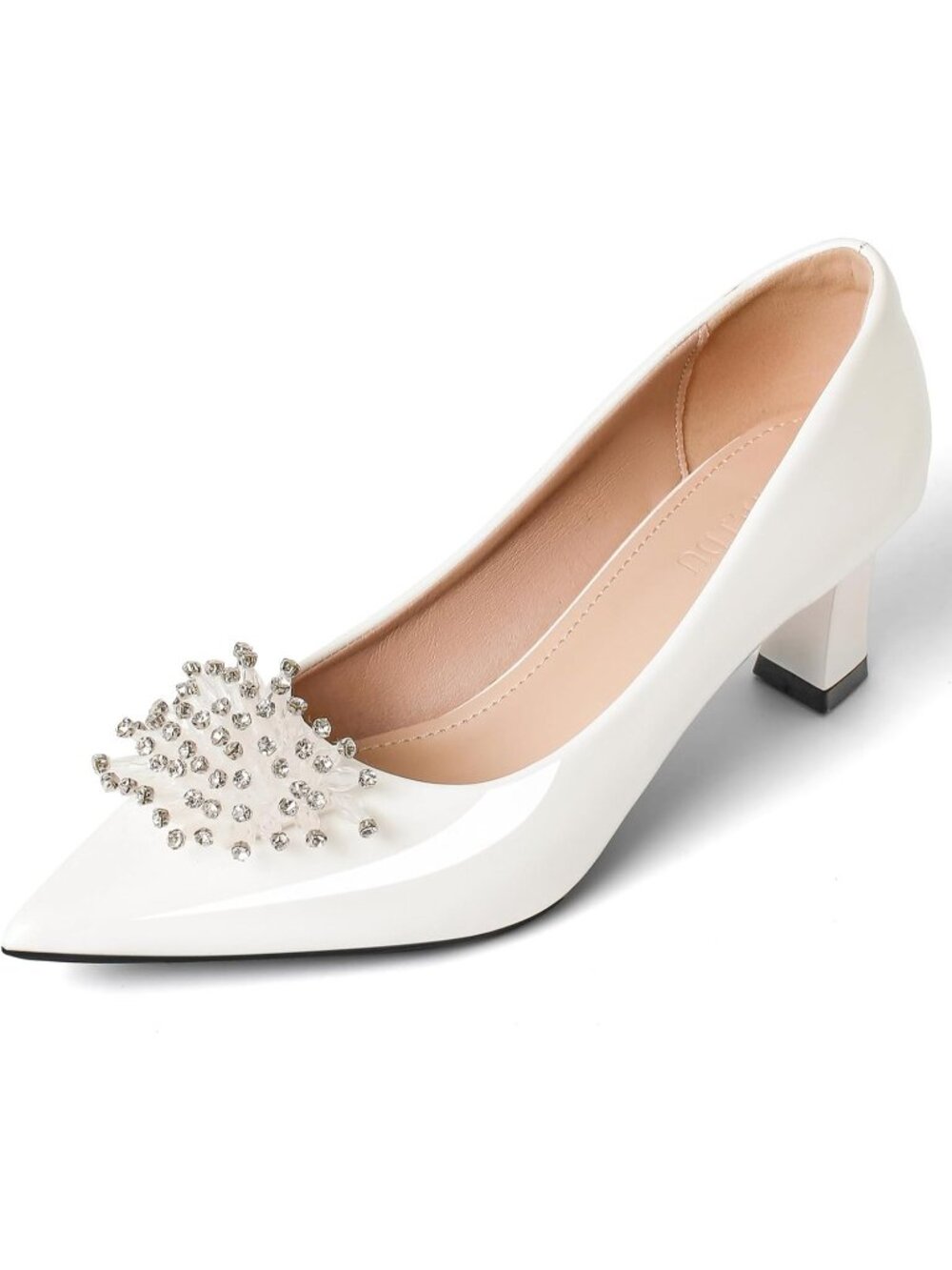 Women's White Comfortable Leather Rhinestone Pointed Toe Kitten Heels Pumps